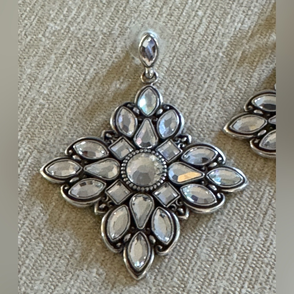 Brighton Silver-Tone Swarovski Crystal Floral Dangle Earrings - Picture 4 of 10